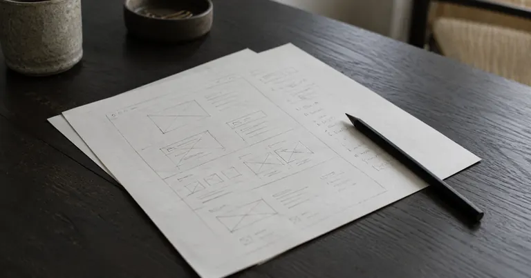 Un brief papier et une maquette de site esquissée sur un bureau